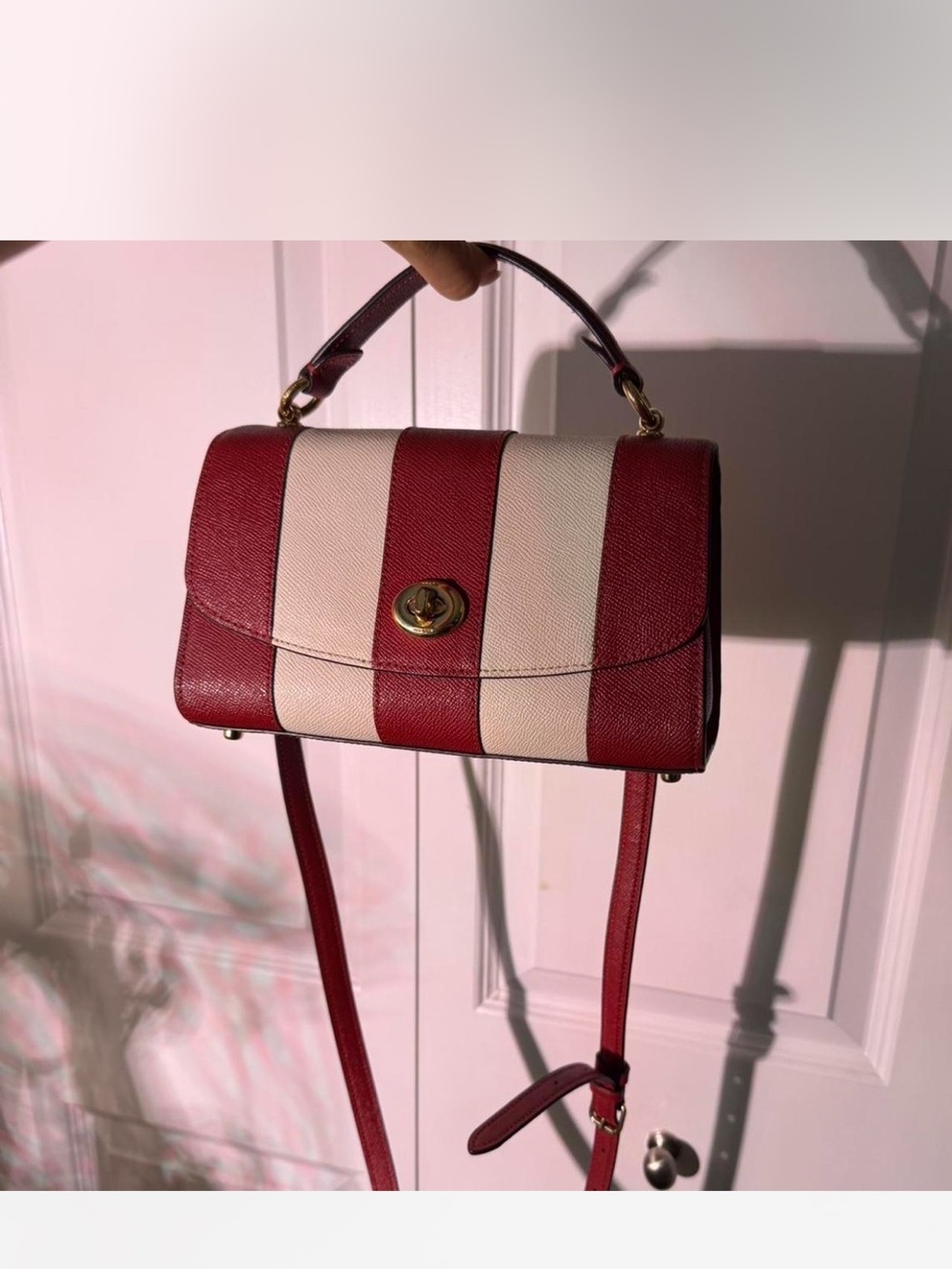 Coach Tilly Satchel 23 Striped Top-Handle Leather Satchel in Red and White - Picture 3 of 8